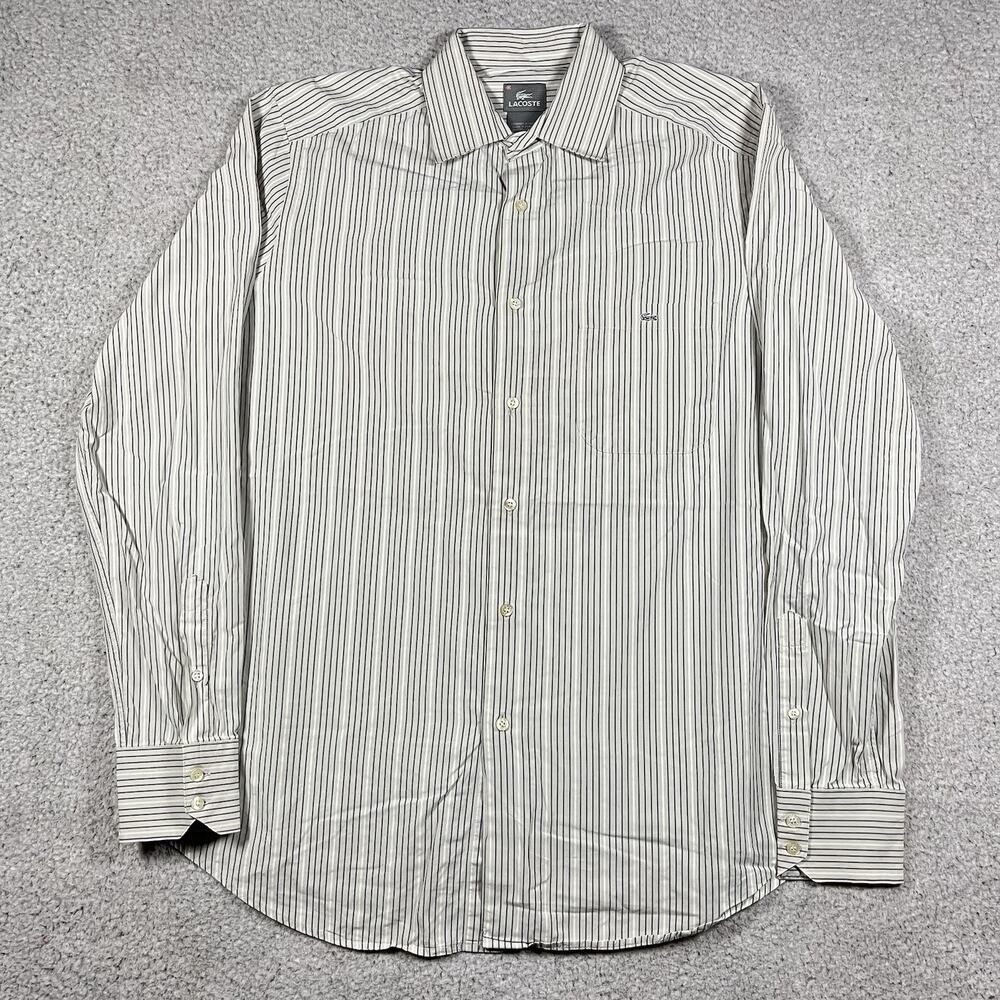 Lacoste Shirt Mens 42 Gray Stripe Button Front Long Sleeve Cotton Large Preppy